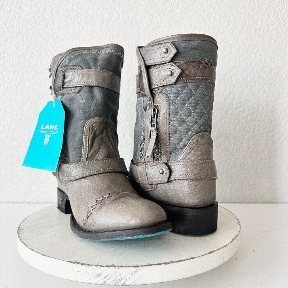 Lane Boots Women’s Gray Leather Canvas Mid-Calf Western Moto Style Zip Size 9